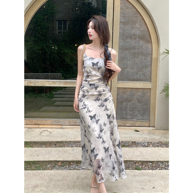 Clear Cold Ink Butterfly Floral Suspender Dress For Women Summer French Chic And Beautiful Temperament Dress Dropshipping - Image 5