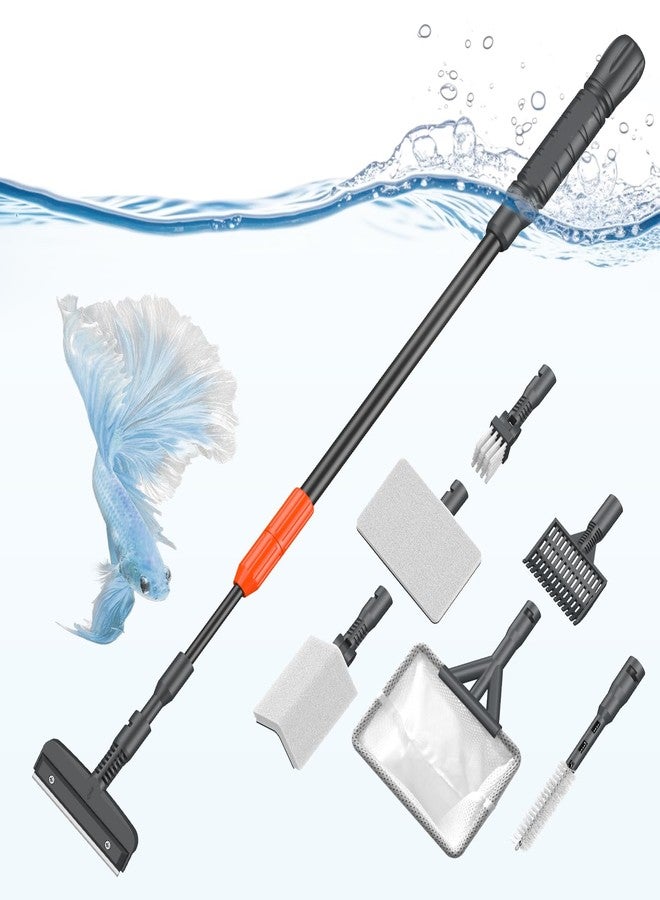 باوفلي مجموعة أدوات تنظيف أحواض السمك من باوفلاي، 7 في 1، تتضمن مكشطة طحالب، وسادة تنظيف إسفنجية، فرشاة، مجرفة حصى، وشبكة صيد بمقبض طويل قابل للتعديل، مجموعة تنظيف أحواض السمك - Image 1