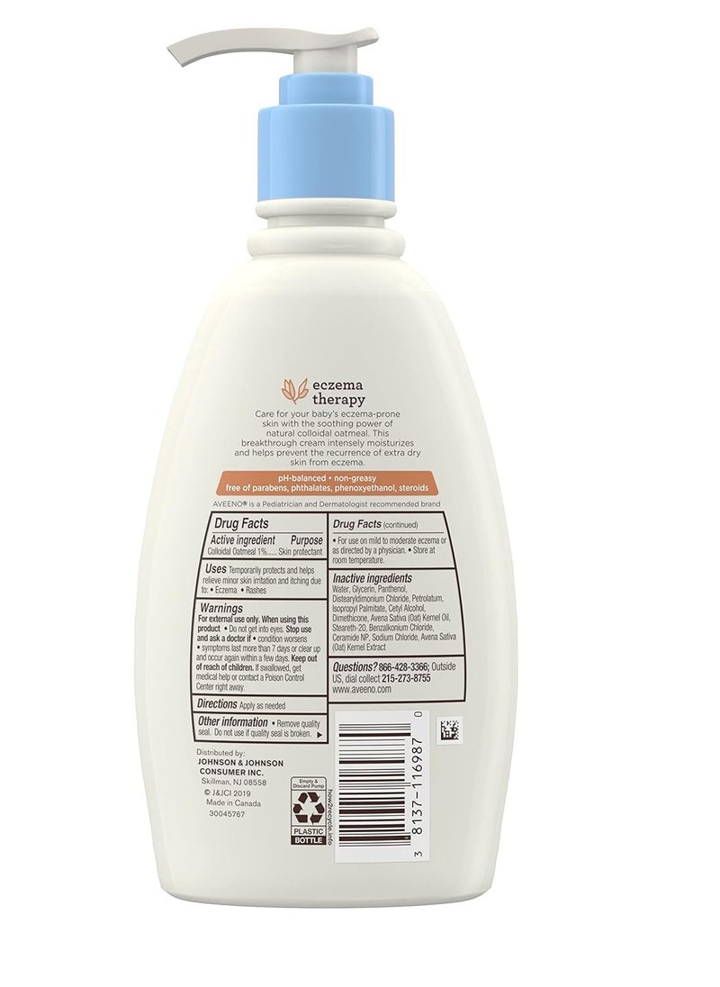Aveeno Baby - كريم ترطيب علاج الأكزيما من أفينو بيبي، الشوفان الغروي الطبيعي وفيتامين ب5، يرطب ويخفف من جفاف الجلد المتهيج والحكة بسبب الأكزيما، خالٍ من البارابين والستيرويد، 12 أونصة سائلة - Image 1