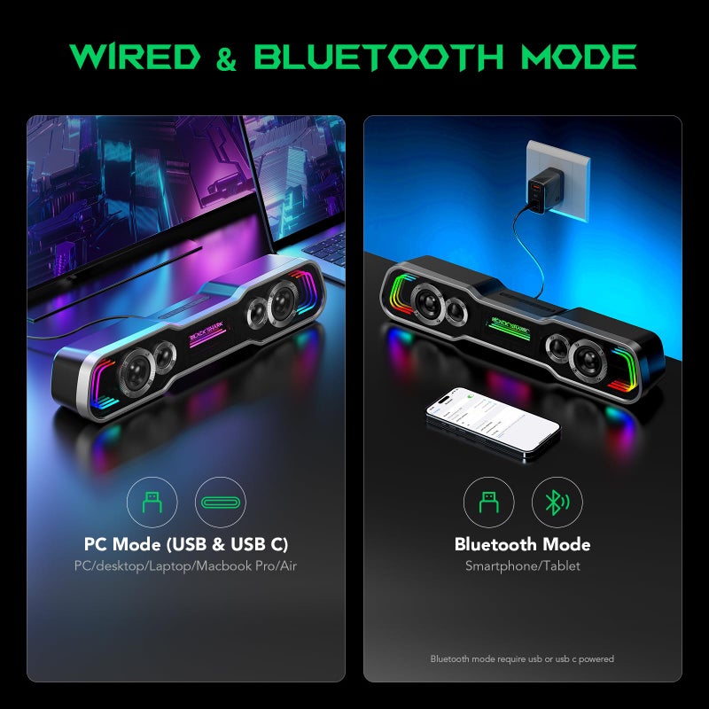 BLACK SHARK مكبرات صوت بلوتوث بلاك شارك للكمبيوتر المكتبي، مكبر صوت للألعاب مع إضاءة RGB متعددة الطبقات، صوت عميق، بار صوت يعمل بالطاقة عبر USB C/USB للكمبيوتر المكتبي، شاشة الكمبيوتر المحمول (BS-SP1) - Image 3