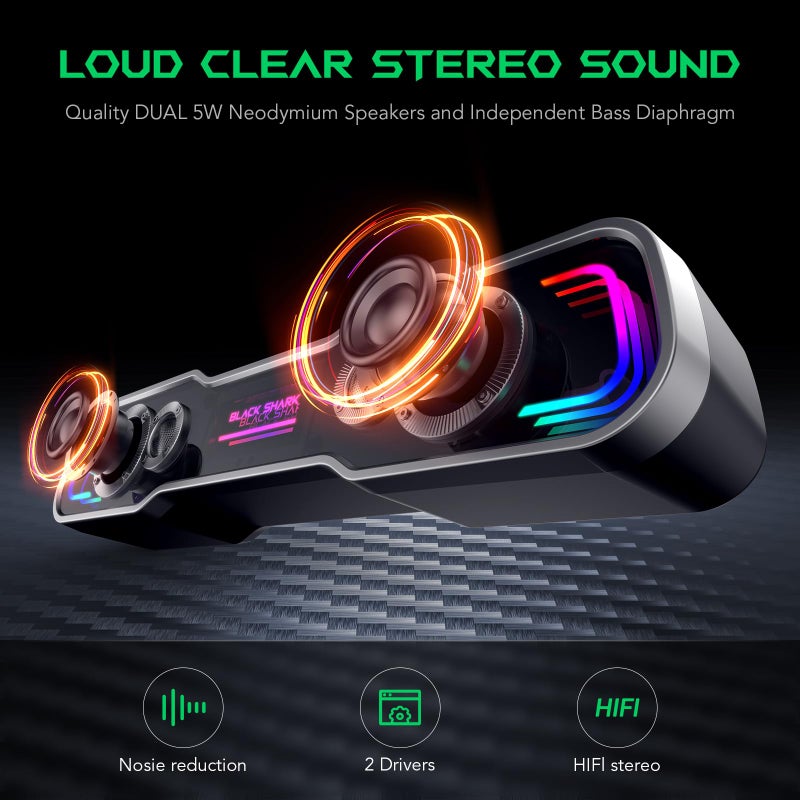 BLACK SHARK مكبرات صوت بلوتوث بلاك شارك للكمبيوتر المكتبي، مكبر صوت للألعاب مع إضاءة RGB متعددة الطبقات، صوت عميق، بار صوت يعمل بالطاقة عبر USB C/USB للكمبيوتر المكتبي، شاشة الكمبيوتر المحمول (BS-SP1) - Image 2