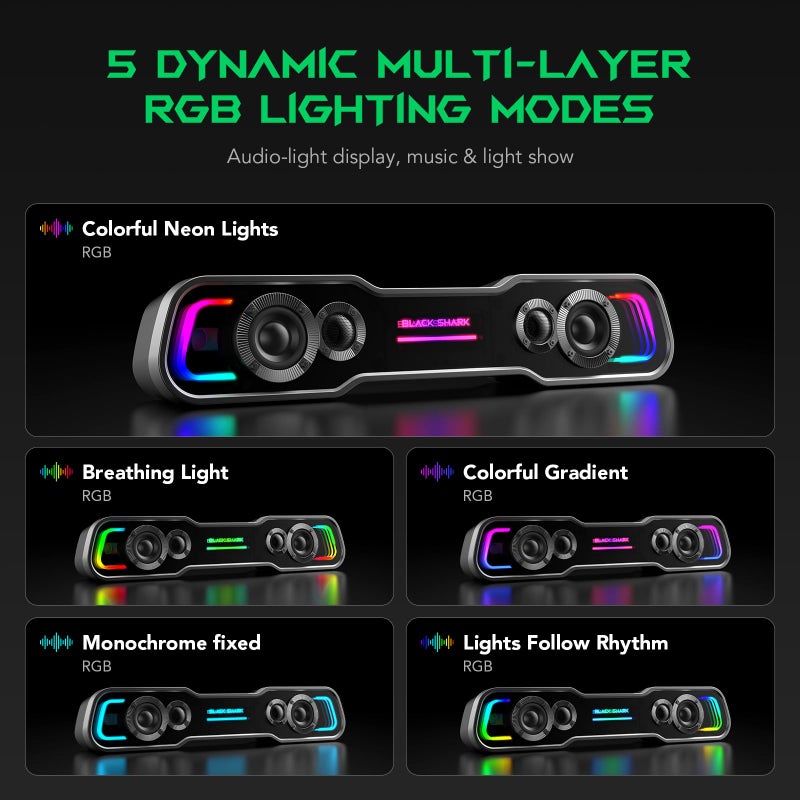 BLACK SHARK مكبرات صوت بلوتوث بلاك شارك للكمبيوتر المكتبي، مكبر صوت للألعاب مع إضاءة RGB متعددة الطبقات، صوت عميق، بار صوت يعمل بالطاقة عبر USB C/USB للكمبيوتر المكتبي، شاشة الكمبيوتر المحمول (BS-SP1) - Image 4