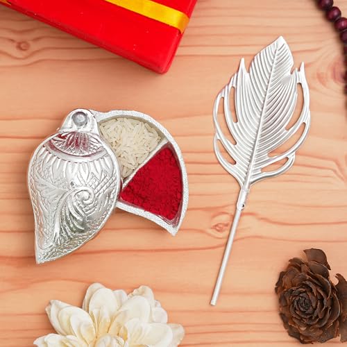 Webelkart Premium Silver Kumkum Box With Leaf And Red Velvet,Roli|Chawal|Chandan|Haldi|Kumkum Puja Box|Sindoor Box- Diwali Gift Item,Roli Chawal Box (Antique) - Image 2