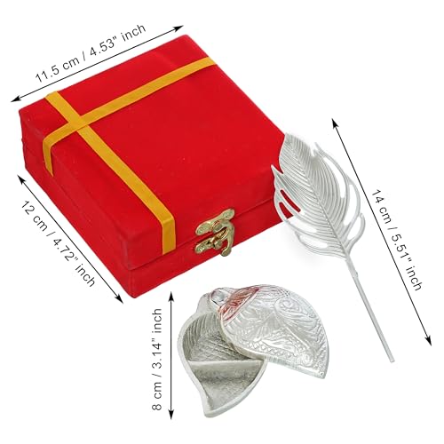Webelkart Premium Silver Kumkum Box With Leaf And Red Velvet,Roli|Chawal|Chandan|Haldi|Kumkum Puja Box|Sindoor Box- Diwali Gift Item,Roli Chawal Box (Antique) - Image 5