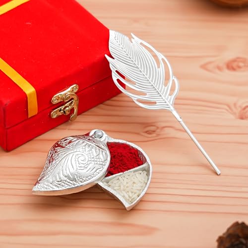 Webelkart Premium Silver Kumkum Box With Leaf And Red Velvet,Roli|Chawal|Chandan|Haldi|Kumkum Puja Box|Sindoor Box- Diwali Gift Item,Roli Chawal Box (Antique) - Image 3