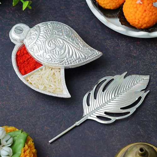 Webelkart Premium Silver Kumkum Box With Leaf And Red Velvet,Roli|Chawal|Chandan|Haldi|Kumkum Puja Box|Sindoor Box- Diwali Gift Item,Roli Chawal Box (Antique) - Image 4