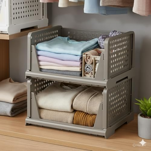 DecoLogy Clothes Organizer for Wardrobe Cupboard Organizer for Clothes Foldable and Stackable Closet Organizer Drawer Organizer for Clothes Multi Purpose Plastic Shirts Tops (2PCS-Large, Grey) - Image 1