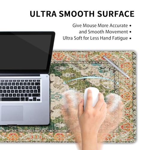 aportt Vintage Rug Mouse Pad XL Green Orange Retro Carpet Aesthetic Extended Table Mat 80X30 cm Non-Slip Rubber Base Stitched Edge Large XL Mousepad for Desk Gaming Laptop Desk Top,31.5×11.8 Inch - Image 4