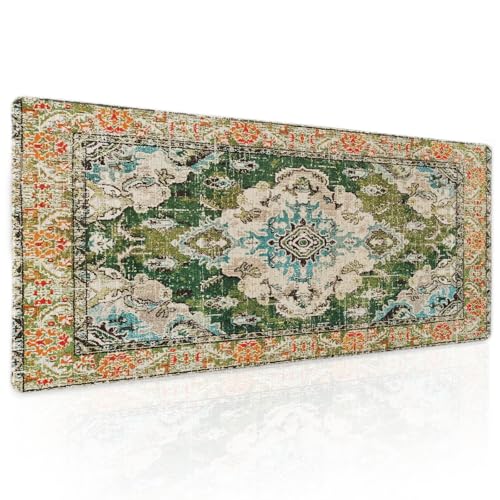 aportt Vintage Rug Mouse Pad XL Green Orange Retro Carpet Aesthetic Extended Table Mat 80X30 cm Non-Slip Rubber Base Stitched Edge Large XL Mousepad for Desk Gaming Laptop Desk Top,31.5×11.8 Inch - Image 1