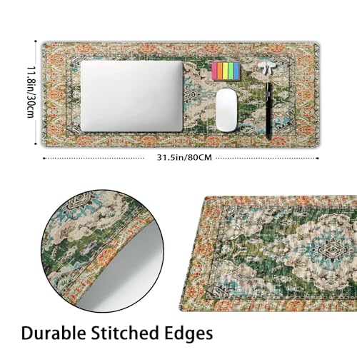 aportt Vintage Rug Mouse Pad XL Green Orange Retro Carpet Aesthetic Extended Table Mat 80X30 cm Non-Slip Rubber Base Stitched Edge Large XL Mousepad for Desk Gaming Laptop Desk Top,31.5×11.8 Inch - Image 2