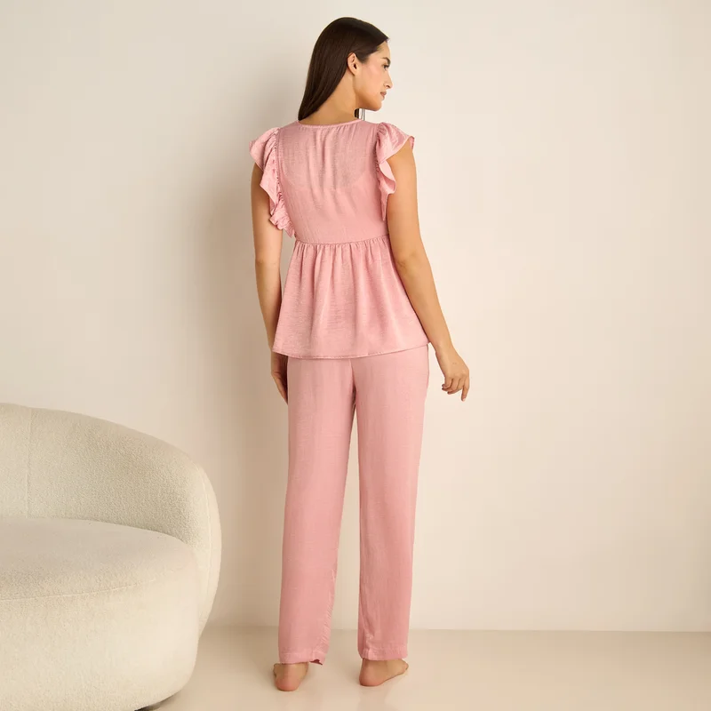 Splash FAV Ruffle Detail Satin Maternity Pyjama Set