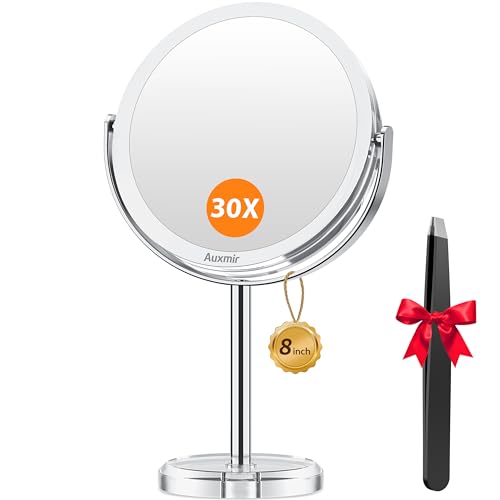 Auxmir 1X/ 30X Magnifying Mirror, Double Sided Makeup Mirror with Stand, Vanity Tabletop Mirror with Tweezer, 360° Rotation Portable for Dressing Table Desk Bathroom Bedroom Travel, 8 Inch - Image 1