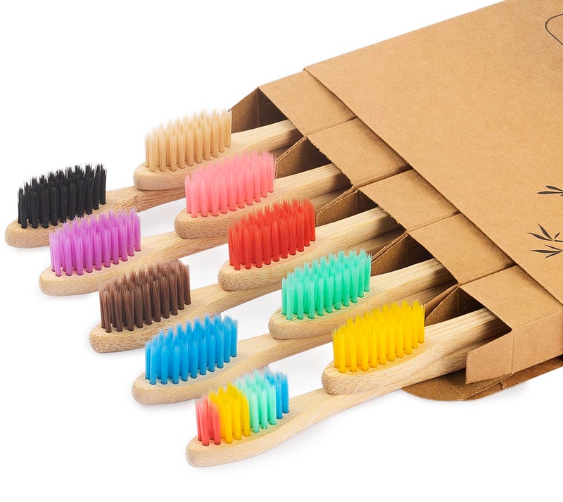NUDUKO Biodegradable Bamboo Toothbrushes 10 Piece BPA Free Soft Bristles Toothbrushes Natural EcoFriendly Green and Compostable Multicolored Bristles