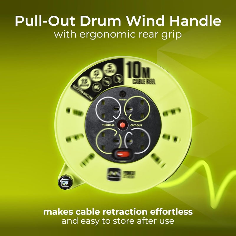 MASTERPLUG Pro-XT Four Socket Medium Cassette Cable Reel with Winding Handle, Thermal Cut Out and Power Switch, 10 Metres, High Visibility Cable, Green - Image 2