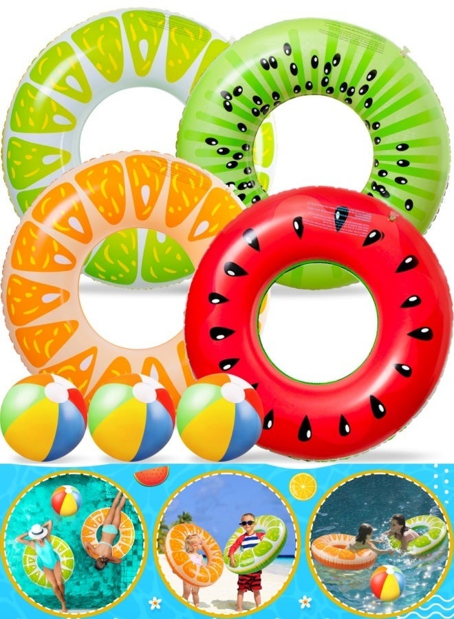 BESTPEAK 7Pcs Fruit Inflatable Pool Floats, 4Pcs 90CM Watermelon Kiwi Orange Lemon Swimming Rings with 3Pcs 35CM Beach Balls - Inflatable Tubes Floaties Toys for Kids Adults Beach Swimming Pool Party - Image 2