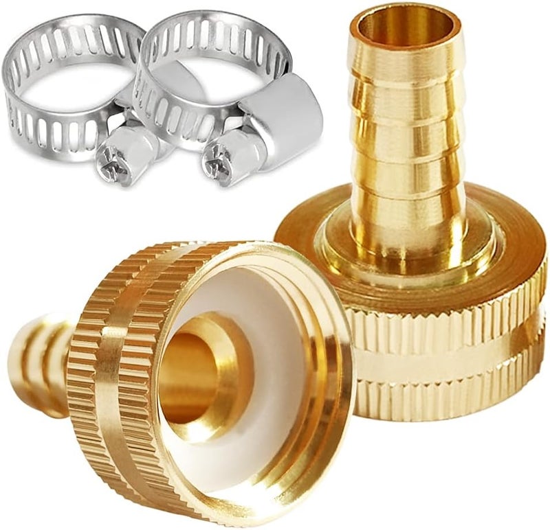 Uenede 2PCS Solid Brass 3/8" Barb x 3/4"GHT Female Garden Hose End Connector Splicer Mender Repair Fitting Include 2 Stainless Steel Clamps - Image 1