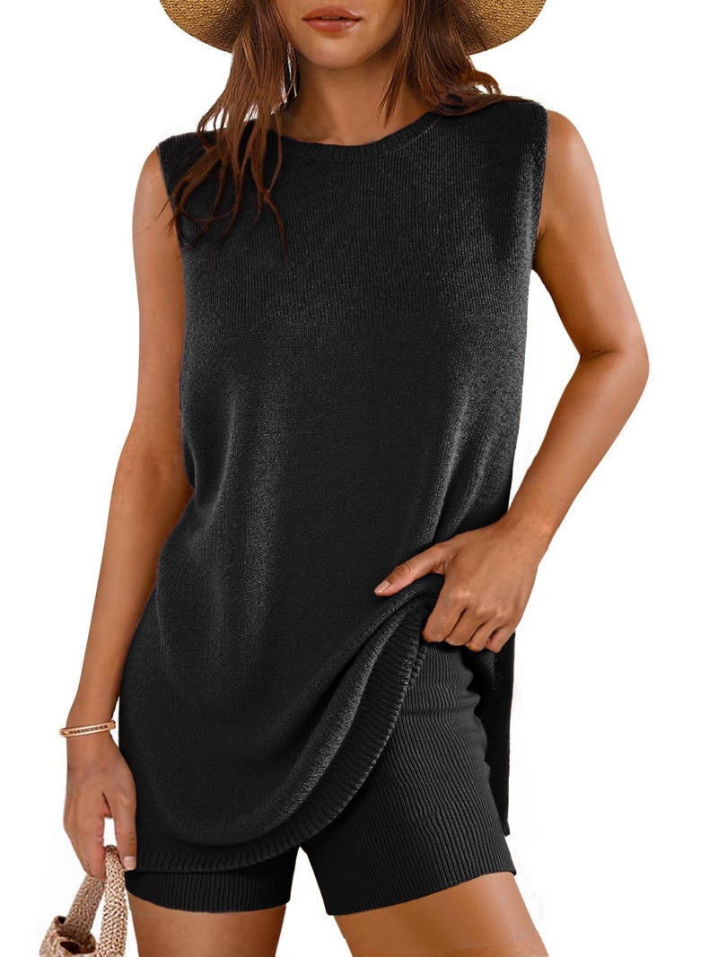Glamaker Women's 2 Piece Sets Summer Casual Sleeveless Sweater Knit Matching Short Sets Vacation Outfits (Black S) - Image 1