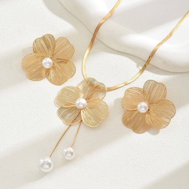 Ba Sha European and American Cross-Border Necklace and Earring Set, Versatile Flower Design with Pearl Inlay, Long Clavicle Chain for Women - Image 4
