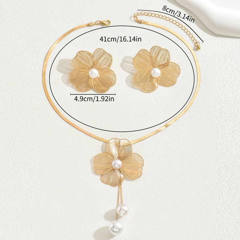 Ba Sha European and American Cross-Border Necklace and Earring Set, Versatile Flower Design with Pearl Inlay, Long Clavicle Chain for Women - Image 5
