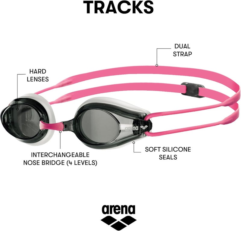 ARENA Tracks Unisex Adult Essential Racing Swim Goggles - FINA-Approved Anti-Fog Coated Non-Mirror Lens, White/Smoke/Fuchsia - Image 2