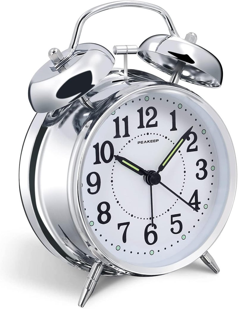 Peakeep 4 inches Twin Bell Loud Alarm Clock for Heavy Sleepers (Chrome Finish) - Image 1