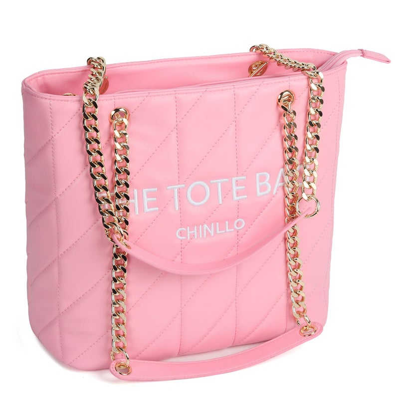 Chinllo Tote Bag for Women, Large Quilted Top Handle Chains Handbags Purse (E.Pink) - Image 1