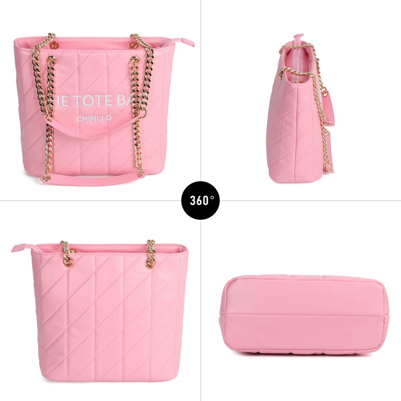 Chinllo Tote Bag for Women, Large Quilted Top Handle Chains Handbags Purse (E.Pink) - Image 5