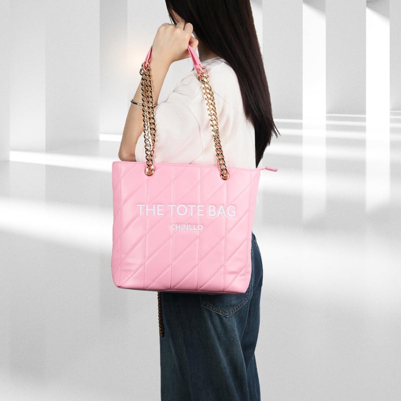 Chinllo Tote Bag for Women, Large Quilted Top Handle Chains Handbags Purse (E.Pink) - Image 2