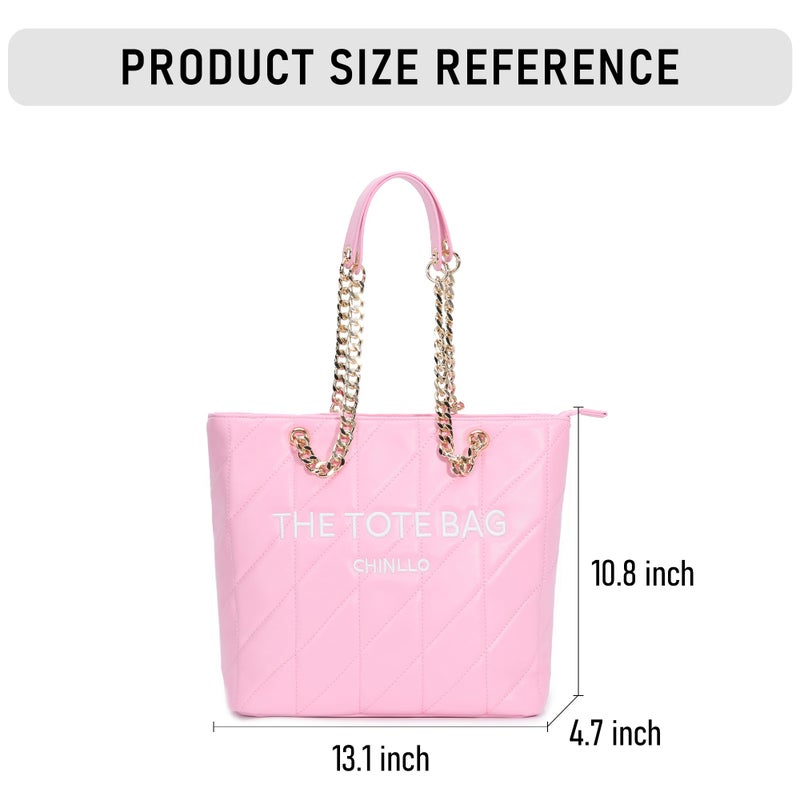 Chinllo Tote Bag for Women, Large Quilted Top Handle Chains Handbags Purse (E.Pink) - Image 3