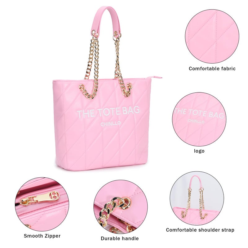 Chinllo Tote Bag for Women, Large Quilted Top Handle Chains Handbags Purse (E.Pink) - Image 4