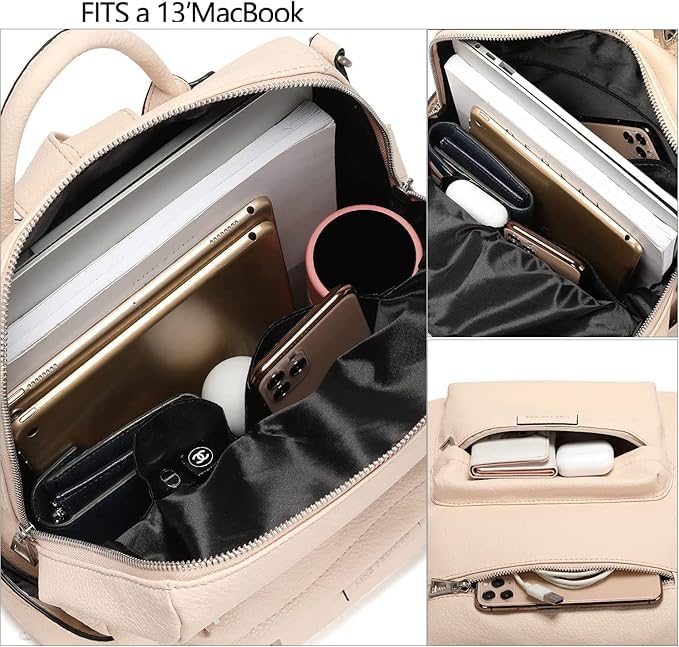Fabcraft 20L Leather Backpack Purse for Women 13" Laptop Bag Convertible Shoulder Handbag Large Capacity Stylish Anti-Theft Travel College Office Work Daypack with Zipper Pockets Beige - Image 2