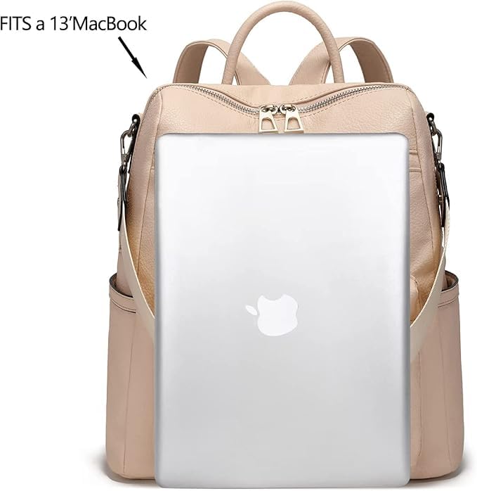 Fabcraft 20L Leather Backpack Purse for Women 13" Laptop Bag Convertible Shoulder Handbag Large Capacity Stylish Anti-Theft Travel College Office Work Daypack with Zipper Pockets Beige - Image 3