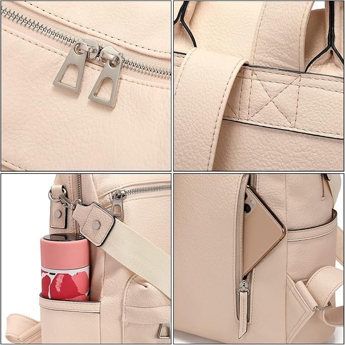 Fabcraft 20L Leather Backpack Purse for Women 13" Laptop Bag Convertible Shoulder Handbag Large Capacity Stylish Anti-Theft Travel College Office Work Daypack with Zipper Pockets Beige - Image 1