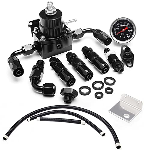 EFI Fuel Pressure Regulator Kit with Bypass Return 0100psi Pressure Gauge AN66AN Fuel Line Hose Fitting Connectors Kit Adjustable Universal Aluminum black