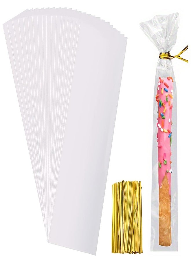 Searik 200 Pcs Pretzel Rod Bags 2x10 Inches, Small Clear Individual Plastic Cello Cellophane Treat Bags with Twist Ties for Chocolate Candies Cookies Candy Packaging Wrapping Gift Giving Party Favors - Image 1