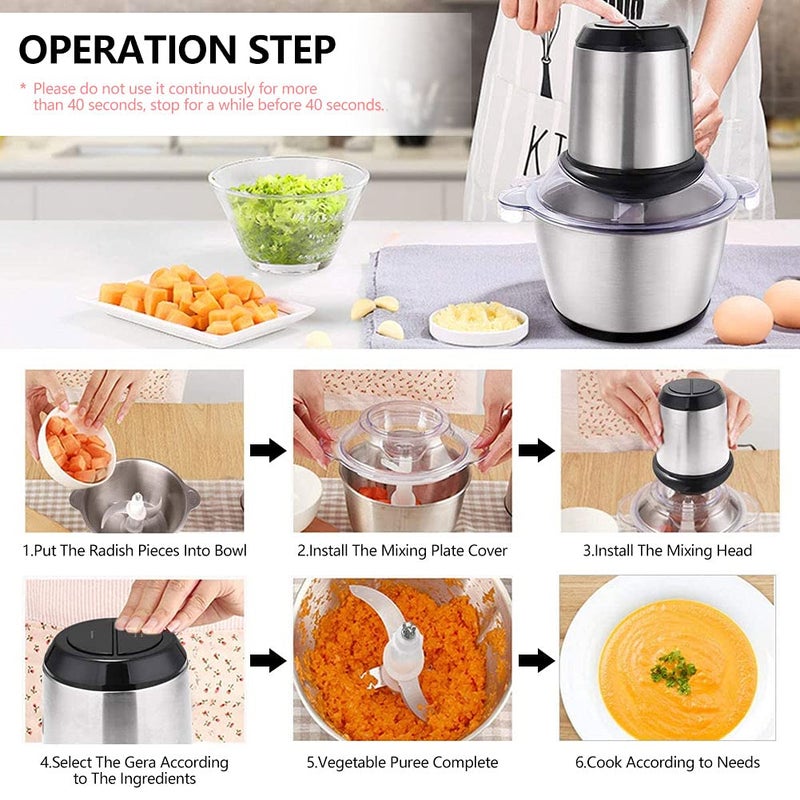 TDOO Food Chopper, Electric Meat Chopper with Powerful Motor, 3L Stainless Steel, 2 Speed Levels, Safety Function, Multi Chopper for Meat, Fruits, Vegetables (Stainless steel) - Image 4