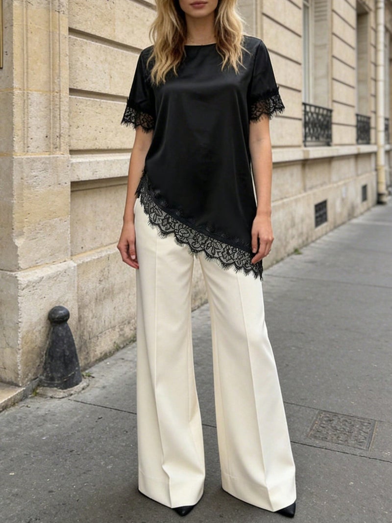 Women's French Satin Lace Patch Short Sleeve T-Shirt Top - Image 5