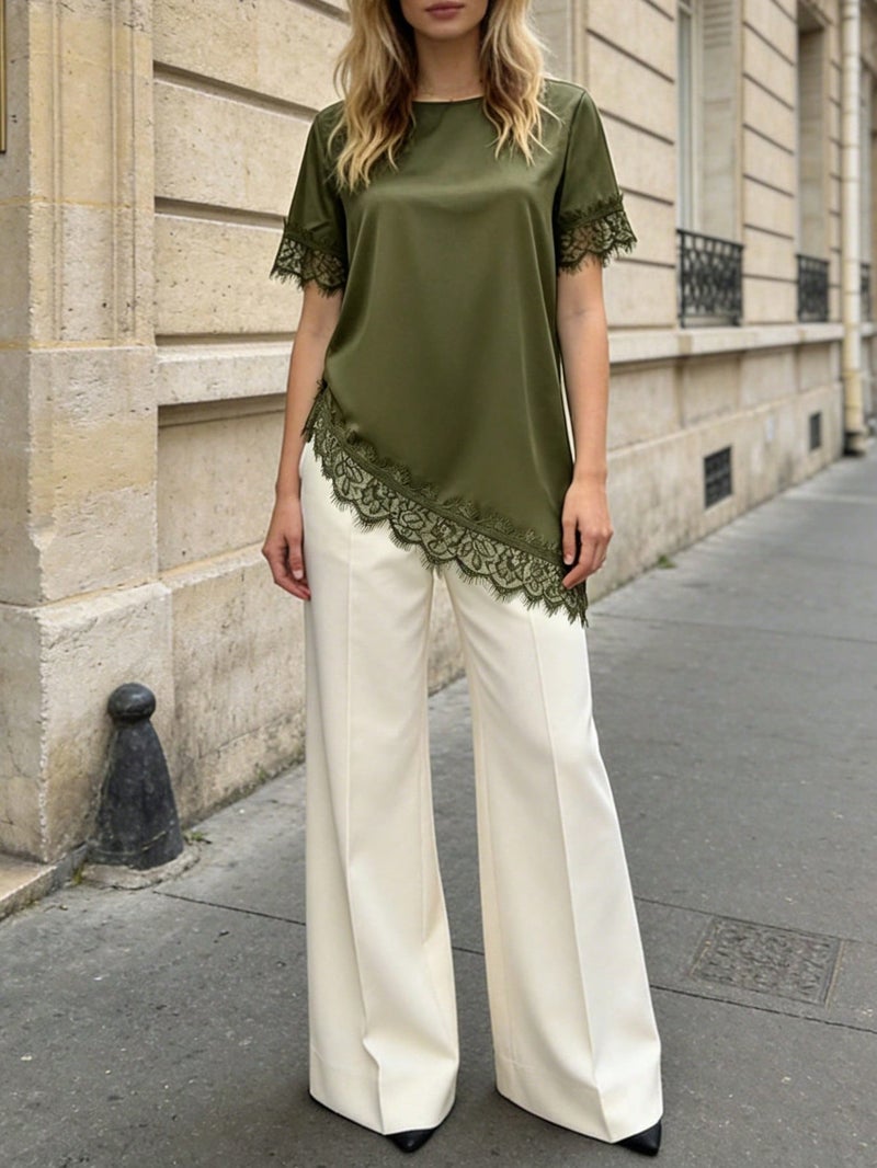Women's French Satin Lace Patch Short Sleeve T-Shirt Top - Image 4