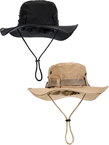 Boao 2 Pcs Sun Hat for Men Women Foldable Safari Hat UV Protection UPF 50 Boonie Bucket Cap Summer for Hiking Beach FishingBlack Khaki - Image 1