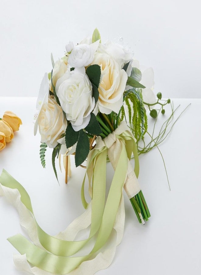 Gkvszy 9.5 Inch White Cascade Bridal Bouquet for Bride with Artificial Rose Phalaenopsis Flower and Pearls Cascading Bridal Bride Wedding Bouquet Flower Wedding White and Champagne - Image 4