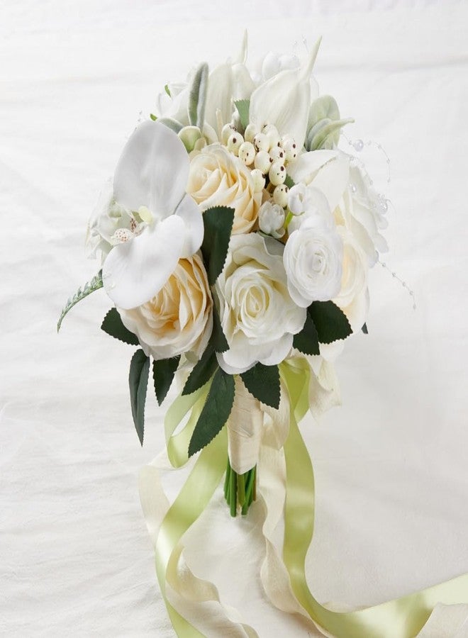 Gkvszy 9.5 Inch White Cascade Bridal Bouquet for Bride with Artificial Rose Phalaenopsis Flower and Pearls Cascading Bridal Bride Wedding Bouquet Flower Wedding White and Champagne - Image 2
