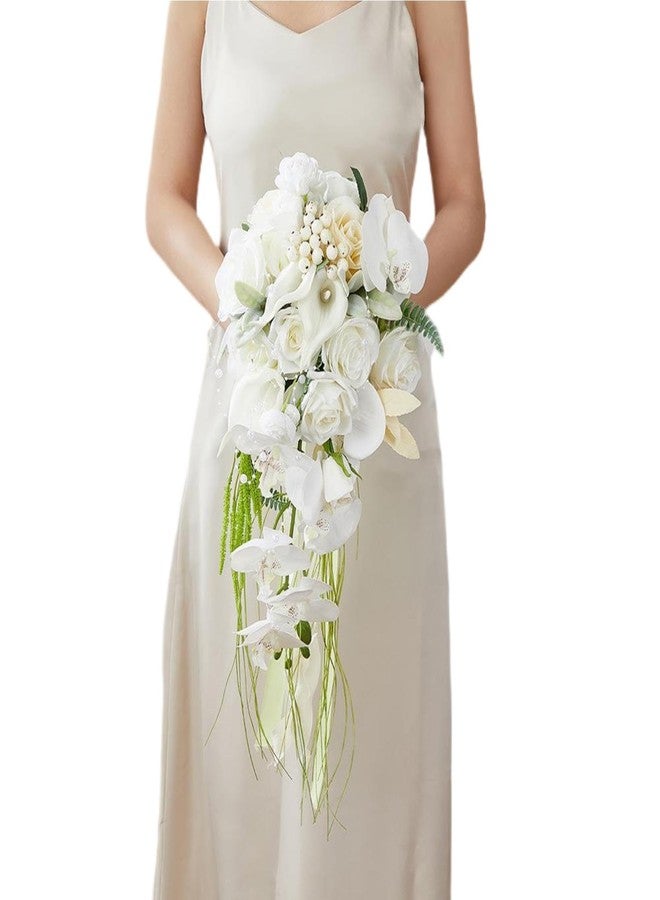 Gkvszy 9.5 Inch White Cascade Bridal Bouquet for Bride with Artificial Rose Phalaenopsis Flower and Pearls Cascading Bridal Bride Wedding Bouquet Flower Wedding White and Champagne - Image 1