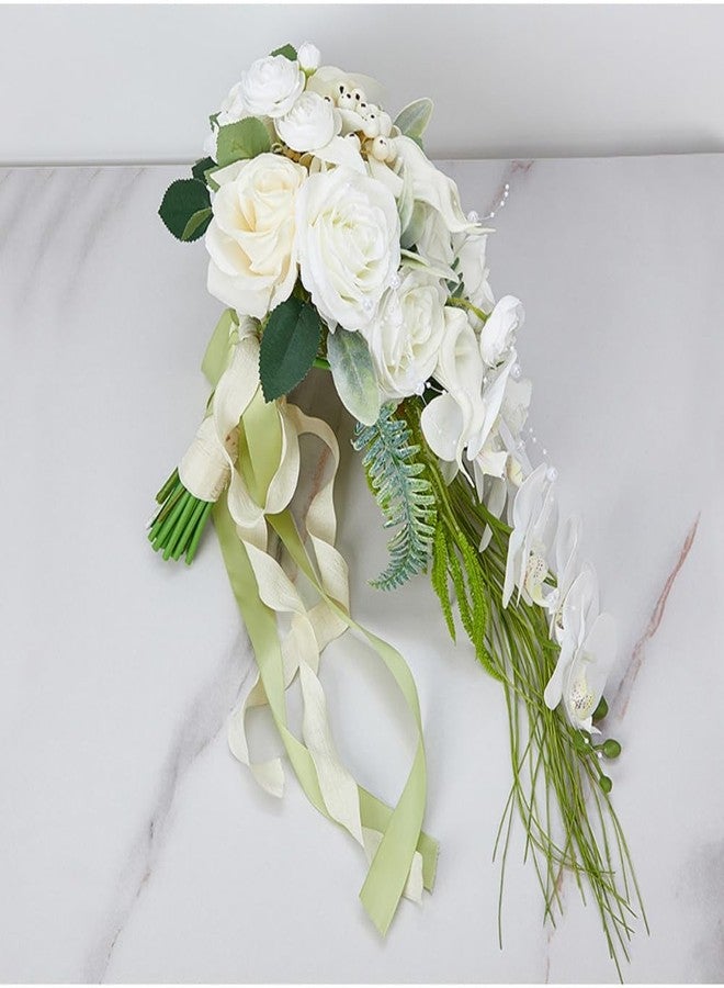 Gkvszy 9.5 Inch White Cascade Bridal Bouquet for Bride with Artificial Rose Phalaenopsis Flower and Pearls Cascading Bridal Bride Wedding Bouquet Flower Wedding White and Champagne - Image 5