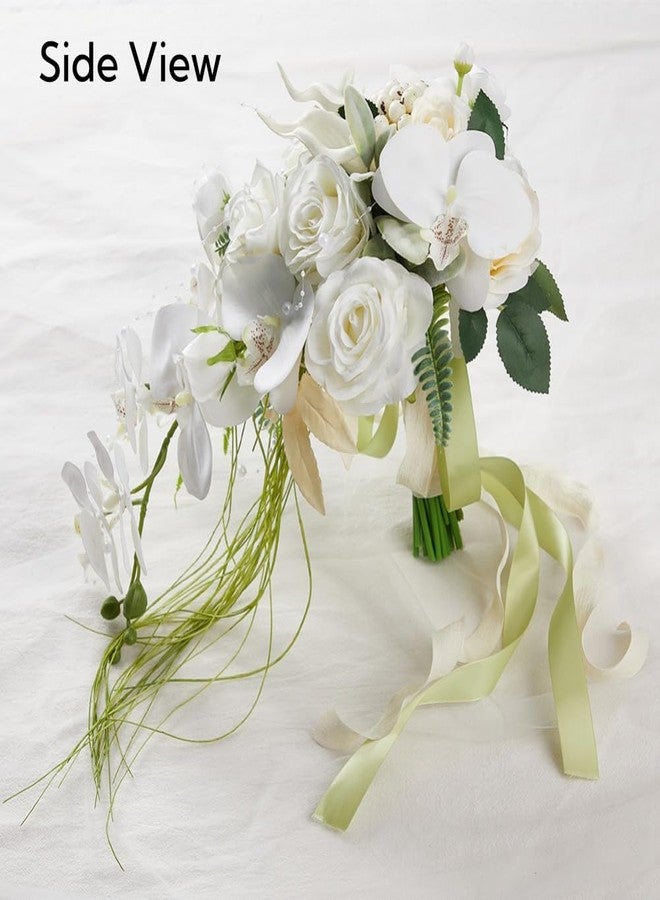 Gkvszy 9.5 Inch White Cascade Bridal Bouquet for Bride with Artificial Rose Phalaenopsis Flower and Pearls Cascading Bridal Bride Wedding Bouquet Flower Wedding White and Champagne - Image 3