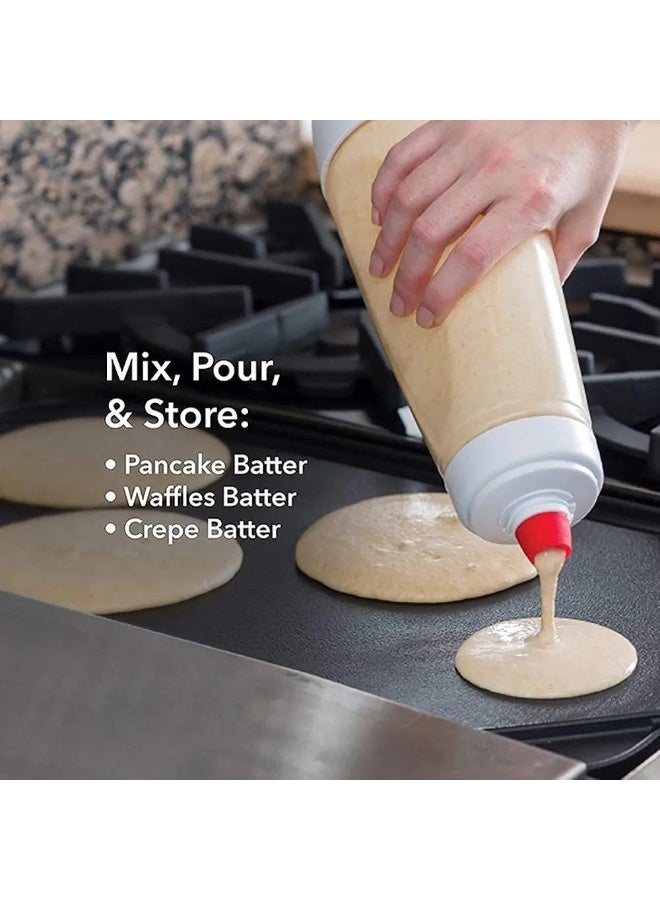 Make perfect, mess-free pancakes, cupcakes, and crepes with the viral and highly-demanded Pancake Batter Dispenser Bottle. Thoughtfully engineered with an easy-squeeze flexible body and a drip-free silicone valve, this premium kitchen tool gives you ultimate control over portion sizes while keeping your countertops spotless, offering a modern, innovative solution for effortless and fun baking. - Image 1