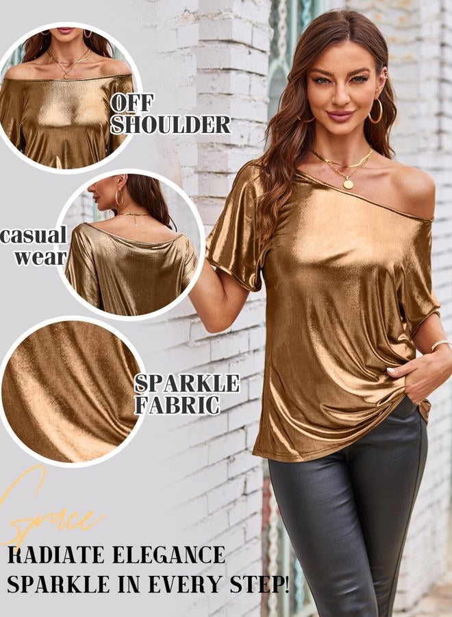 VIDUSSA Glitter Tops for Women - Blouse Off Shoulder Short Sleeve Elegant Party Top, gold, XL - Image 3