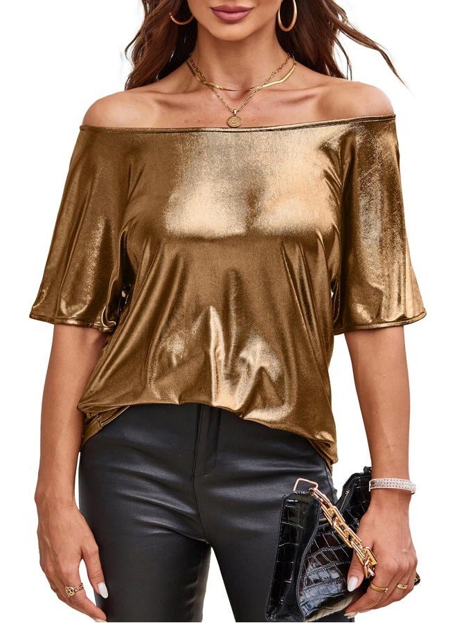 VIDUSSA Glitter Tops for Women - Blouse Off Shoulder Short Sleeve Elegant Party Top, gold, XL - Image 1
