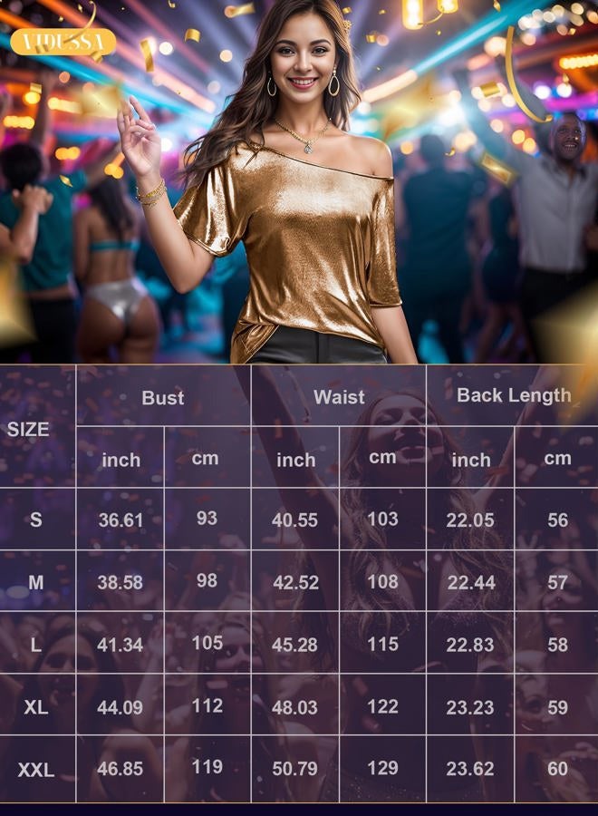 VIDUSSA Glitter Tops for Women - Blouse Off Shoulder Short Sleeve Elegant Party Top, gold, XL - Image 5