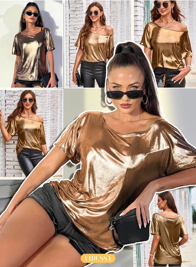 VIDUSSA Glitter Tops for Women - Blouse Off Shoulder Short Sleeve Elegant Party Top, gold, XL - Image 4
