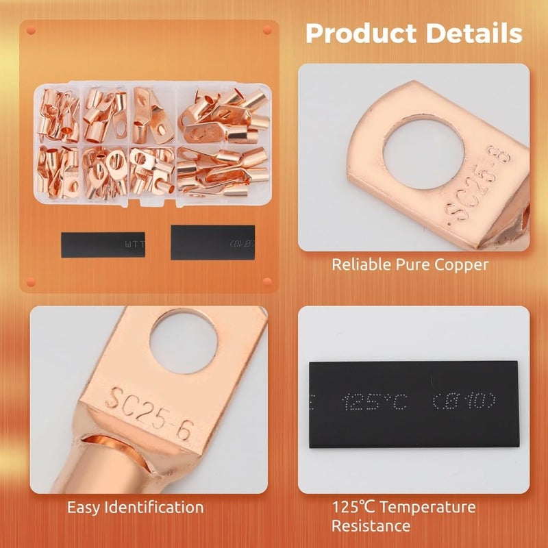 80 Heat Shrink Tubes and 60 Copper Wire Lugs, 140 Pcs Copper Wire Lug Kit, Vehicles, Terminal Connectors Awg12 to Awg4, Battery Cable Lug Ends for Home Appliances, Distribution Boxes - Image 3